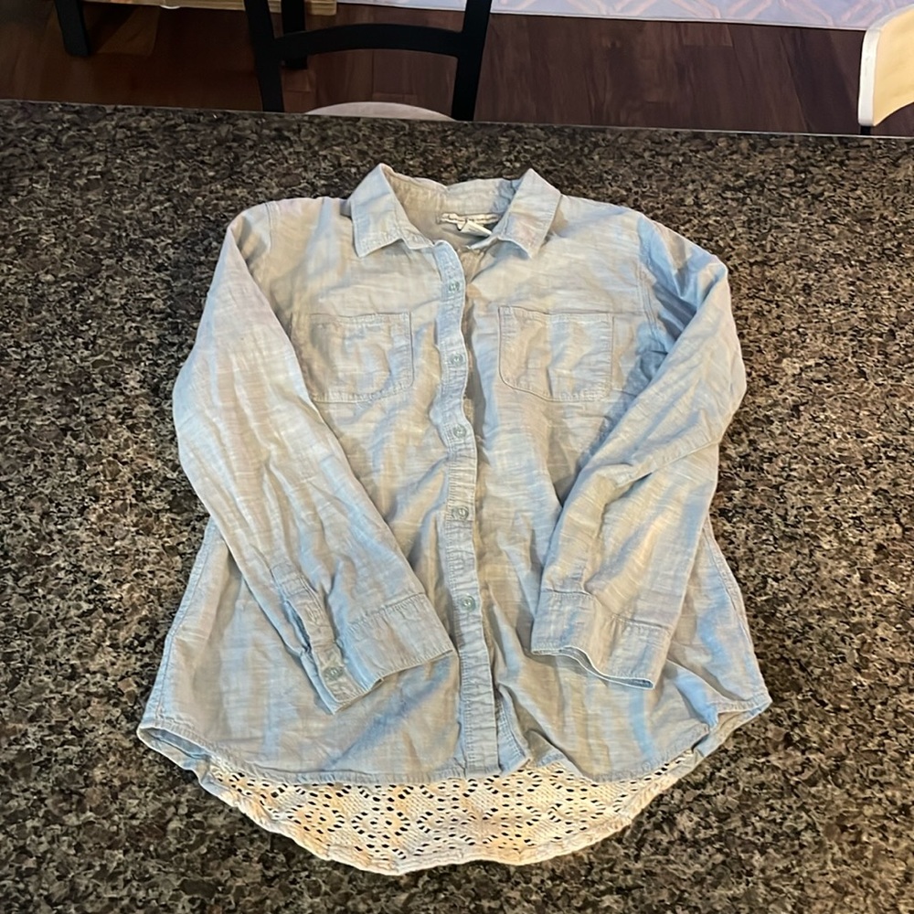 Amazing chambray shirt with crochet back.